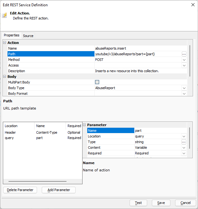 Edit Action dialog